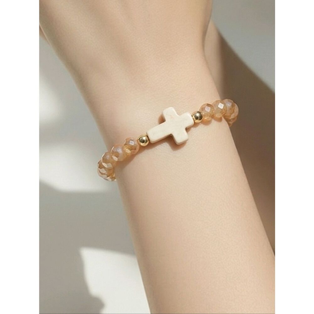 Ivory Cross Bracelet Neutral Faceted Beads Stretch Christian Faith Jewelry Boho